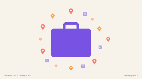 Abstract flat vector illustration of a professional portfolio surrounded by floating map pins, location markers, and career icons suggesting mobility and adaptability across geographic relocations