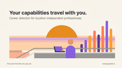 Abstract geometric hero illustration representing location-independent work and professional freedom, with warm sunset tones and layered geometric shapes suggesting open horizons.