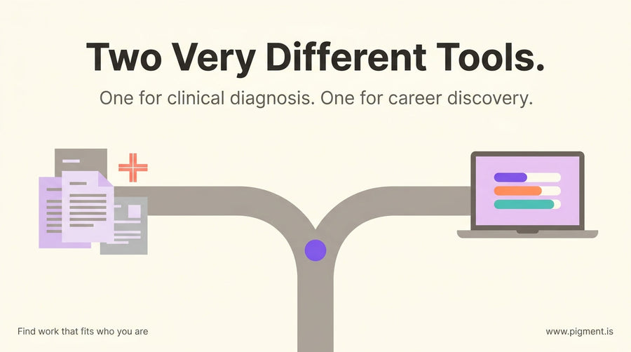Abstract hero image showing a forked path metaphor: one direction leads toward clinical paperwork and medical symbolism, the 