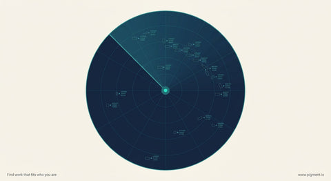 Abstract radar sweep visualization with ghosted track symbols and alphanumeric data blocks evoking sustained attention and sp
