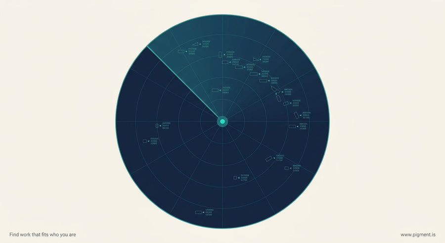 Abstract radar sweep visualization with ghosted track symbols and alphanumeric data blocks evoking sustained attention and sp
