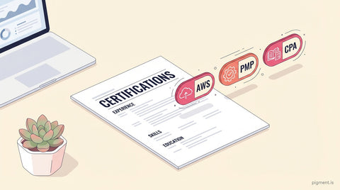 Clean flat vector illustration of a resume with a clearly visible certifications section, surrounded by credential badge icons representing PMP, AWS, and CPA certifications