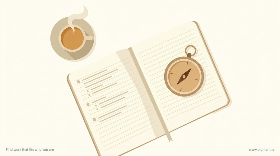 Compass and notebook representing the search for career direction through self-assessment.