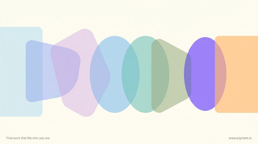 Abstract layered translucent geometric shapes in muted blues, soft lavender, and warm neutrals suggesting multiple overlappin