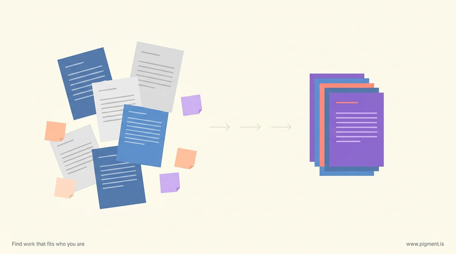 Abstract editorial illustration of scattered skill documents transforming into an organized structured portfolio on a clean d