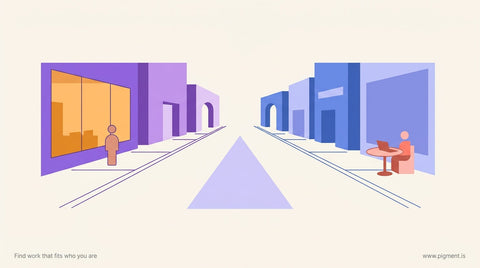 Abstract flat illustration of two diverging paths through geometric architectural forms — one leading toward a warmly lit cow
