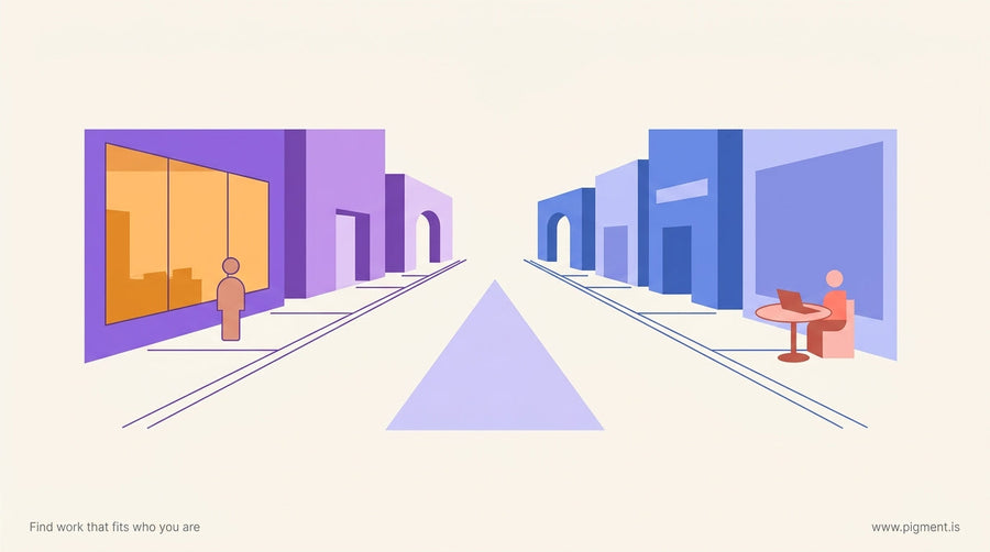 Abstract flat illustration of two diverging paths through geometric architectural forms — one leading toward a warmly lit cow