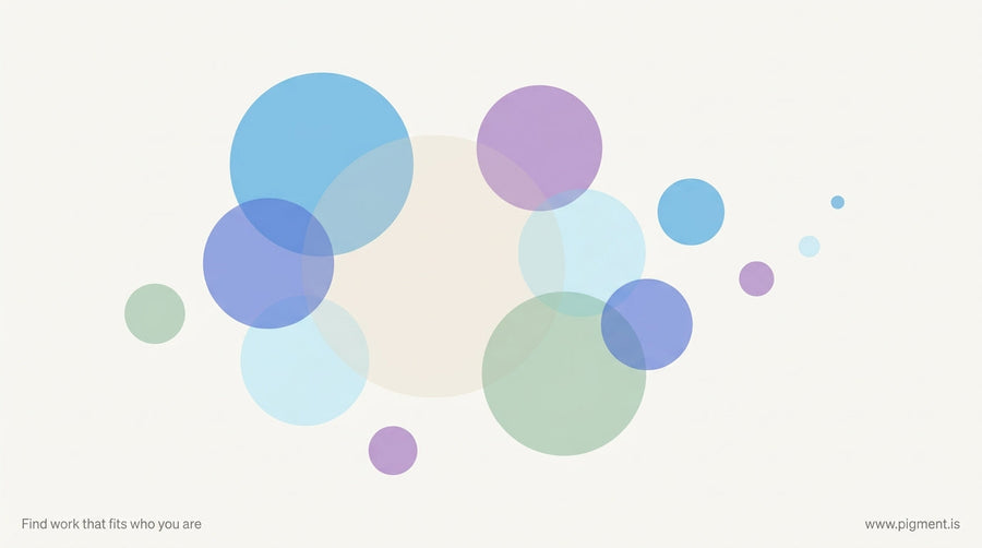 Abstract composition of overlapping translucent circles in muted blues and soft neutrals suggesting identity, self-knowledge,