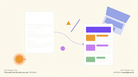 Abstract flat vector composition showing a blank document transforming into a structured professional resume, with geometric shapes suggesting growth and progress, on a warm off-white background.