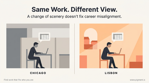 Split-screen illustration showing the same person working on a laptop: left side in a gray corporate setting looking frustrat
