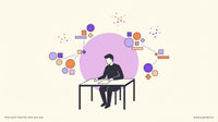 Abstract geometric hero illustration showing a contemplative figure at a desk reviewing a document, surrounded by floating ge