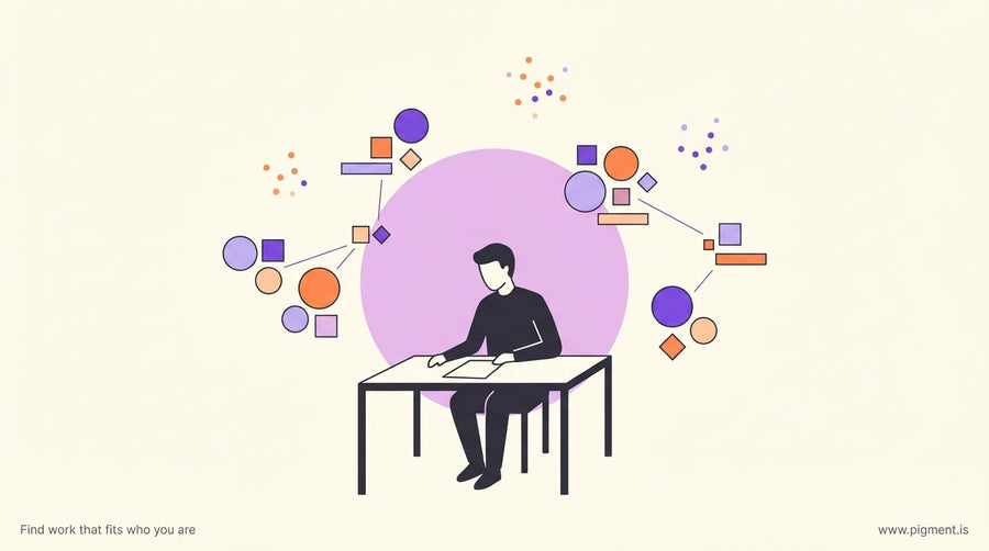 Abstract geometric hero illustration showing a contemplative figure at a desk reviewing a document, surrounded by floating ge