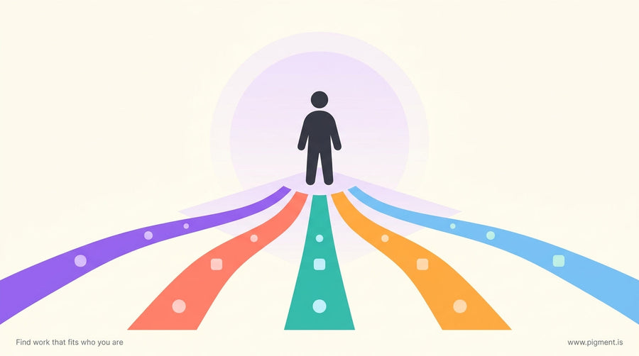 Abstract hero illustration of a person standing at a colorful crossroads of career pathways on a stylized map, symbolizing ca