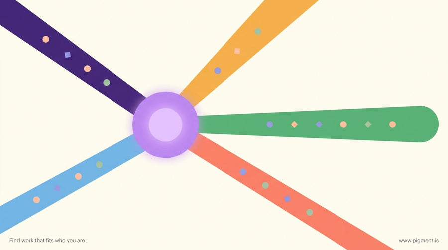 Abstract hero illustration showing radiating geometric pathways in violet, orange, and green diverging from a central glowing