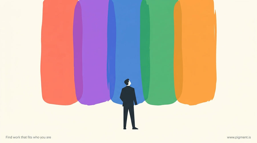 Abstract editorial illustration of a professional figure standing before a large wall composed of overlapping paint-stroke fo