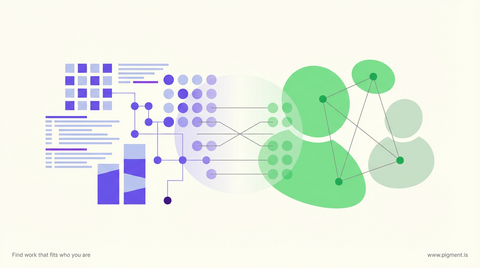 Abstract split-screen composition representing the balance between hard skills and soft skills, with geometric technical symbols on one side blending into collaborative human forms on the other