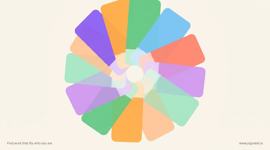 Abstract radial composition of overlapping translucent color swatches in violet, orange, green, sky blue, and pink on a warm 