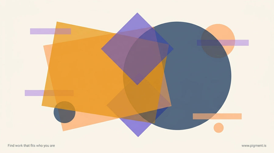 Abstract geometric composition of overlapping translucent shapes in warm amber and cool slate tones suggesting hidden dimensi