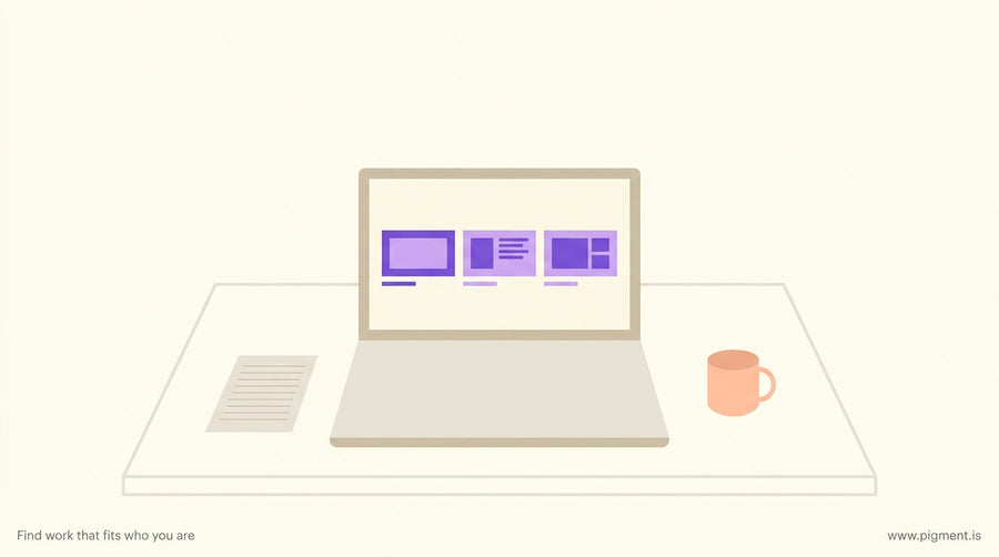 Abstract hero illustration of a professional at a clean desk with a laptop open to a structured presentation, conveying calm 