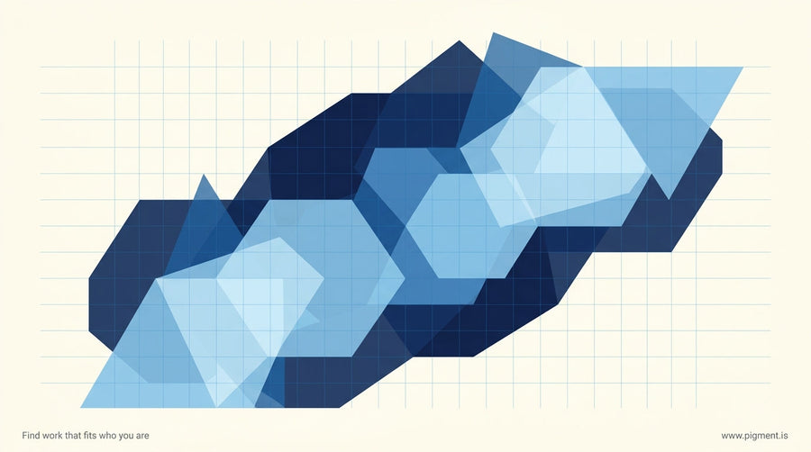 Abstract geometric composition of overlapping translucent polygons and grid lines in deep blue and slate tones, suggesting co