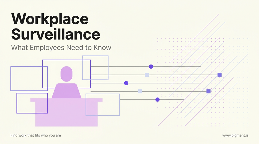 Abstract geometric composition representing workplace surveillance with data streams and digital monitoring elements in violet and blue tones on warm off-white background