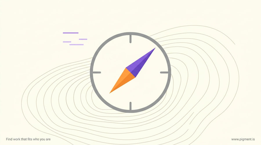 Abstract geometric composition of a compass rose and topographic contour lines suggesting direction toward open terrain, warm
