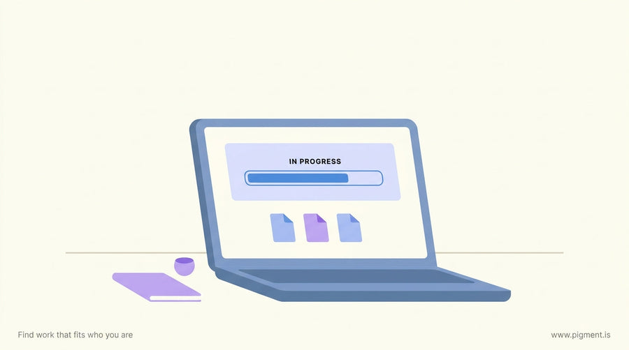 Person preparing for a computer skills assessment test at a laptop with a progress bar visible on screen