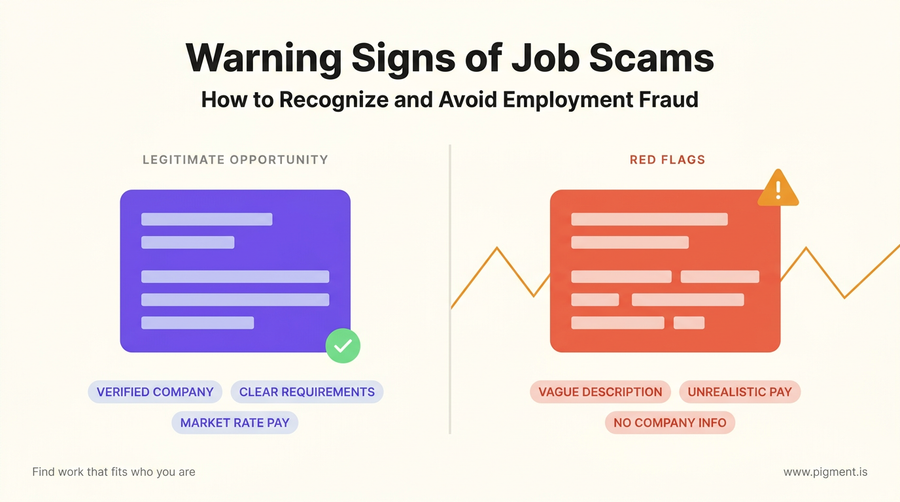 Abstract geometric split composition contrasting a clean, organized professional environment with a chaotic, suspicious one, representing the difference between legitimate and fraudulent job opportunities.