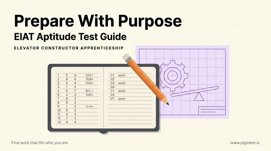 Abstract flat vector composition showing a mechanical blueprint grid, a sharpened pencil, and an open notebook with practice 