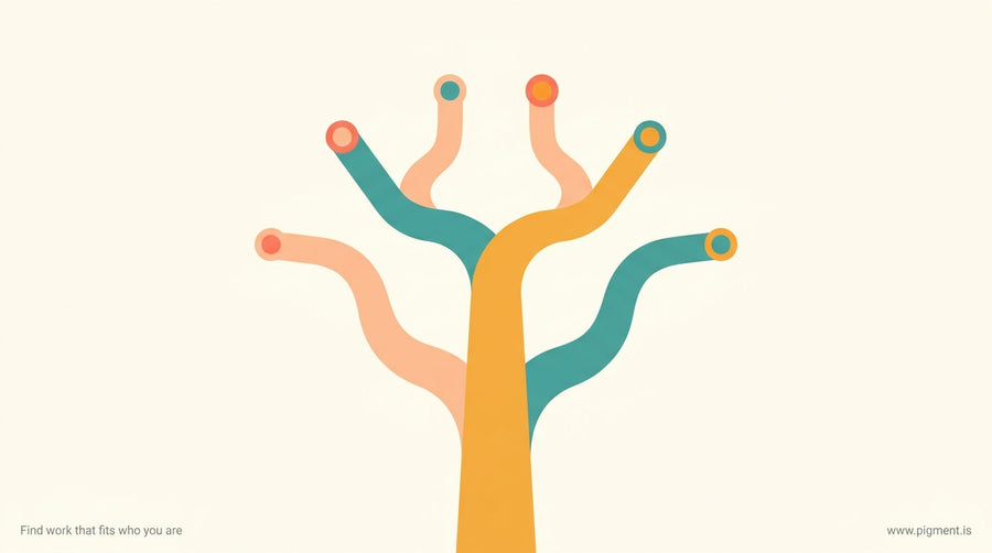 Abstract illustration of a wide path branching into many smaller roads leading to different destinations, rendered in warm am