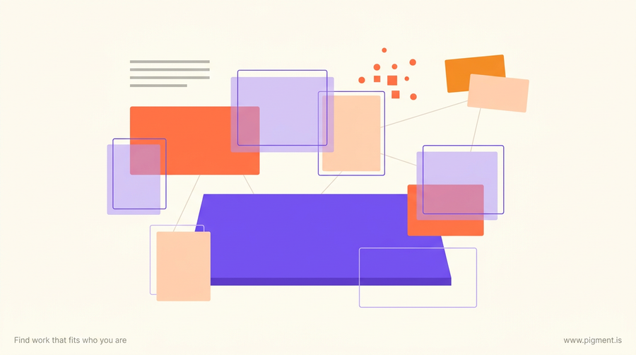 Abstract geometric hero illustration representing multitasking and cognitive overload in the modern workplace, with layered geometric shapes suggesting multiple simultaneous tasks and fragmented attention