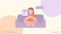 A person sitting cross-legged on a couch, holding a glowing phone showing a blurred quiz result card, with a half-smile and s