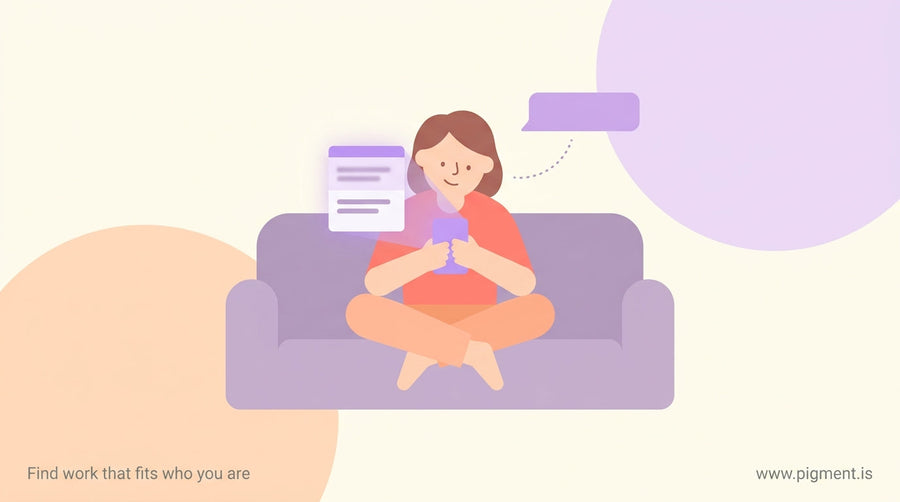 A person sitting cross-legged on a couch, holding a glowing phone showing a blurred quiz result card, with a half-smile and s