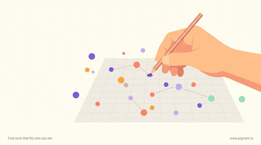 Abstract editorial illustration of a hand holding a pencil hovering over a blank grid with scattered colored dots suggesting 
