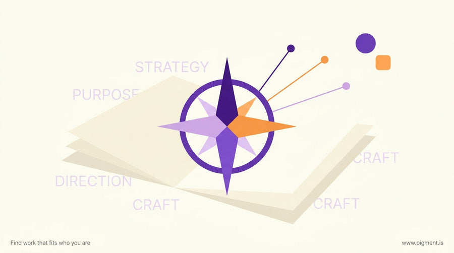 Abstract geometric composition suggesting exploration and career direction — compass rose forms, open book shapes, and soft d