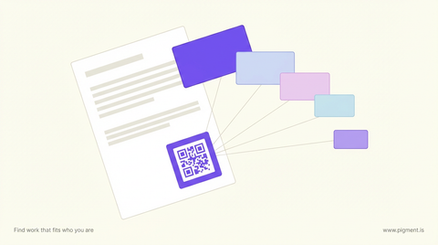 Abstract geometric composition showing a stylized document page with a small QR code square and floating rectangular portfolio elements emerging from it, representing the bridge between static resumes and dynamic digital portfolios
