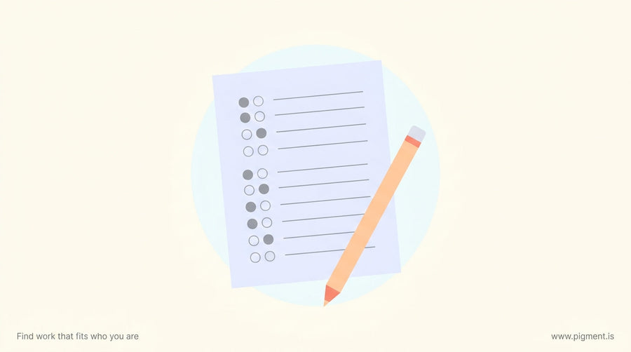 Abstract minimalist composition showing a simplified answer sheet and pencil form in cool neutral tones, suggesting professio