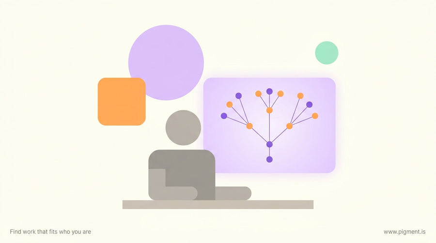 Abstract editorial illustration of a student sitting at a desk, looking thoughtfully at a glowing screen displaying a branchi