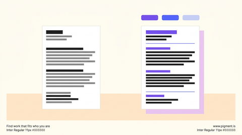 Abstract flat vector composition showing a stylized document with colored accent bars floating above a warm workspace surface, contrasting a vibrant strategically colored resume against a plain monochrome version