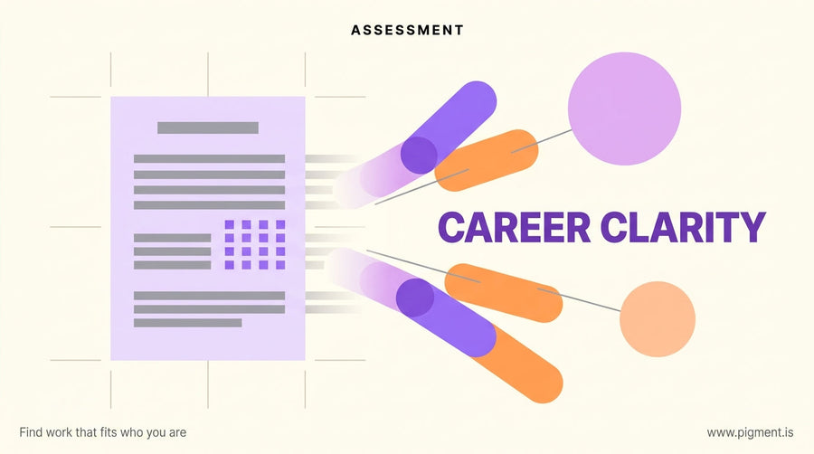 Abstract hero image showing a clinical assessment form dissolving into a career path visualization, with violet and amber geo