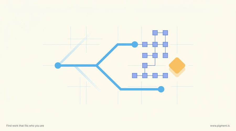 Abstract geometric branching pathway with circuit-like nodes suggesting a structured career entry point, rendered in blue and