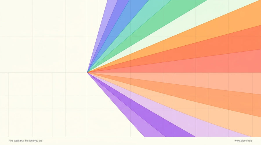 Abstract geometric color spectrum fanning across a warm off-white canvas with faint grid lines suggesting measurement and str