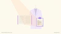 Abstract flat vector composition showing a white coat, open textbook, and clipboard with a standardized form rendered in warm