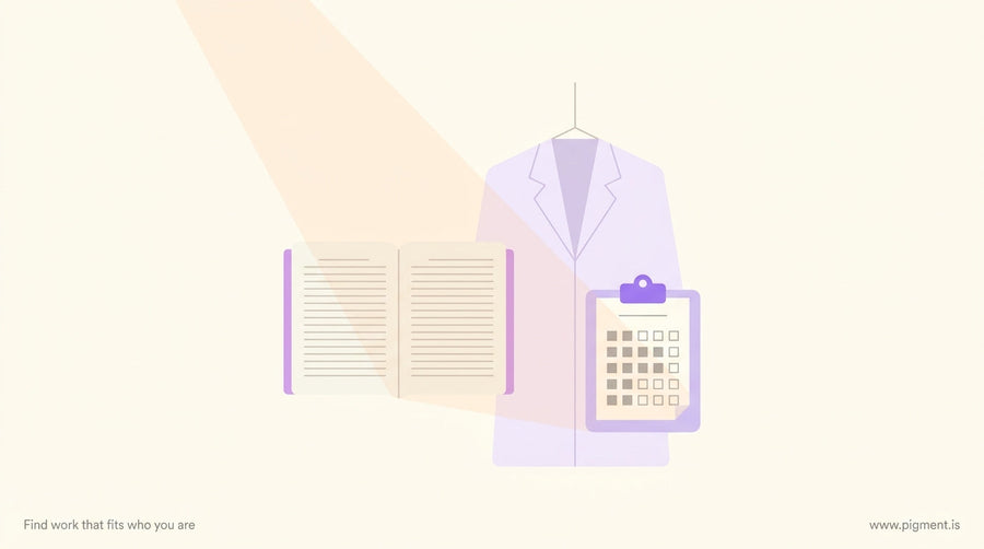 Abstract flat vector composition showing a white coat, open textbook, and clipboard with a standardized form rendered in warm
