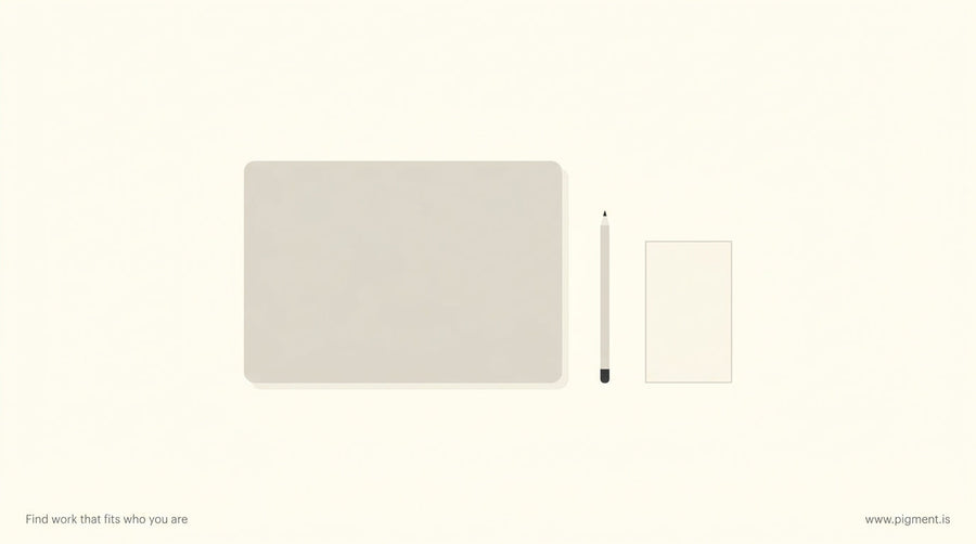 Overhead view of a clean desk with a laptop, pencil, and blank notepad — suggesting calm, deliberate focus and preparation