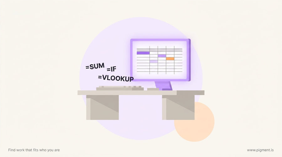 Abstract hero illustration of a professional at a desk with a glowing spreadsheet on screen and floating formula fragments, c