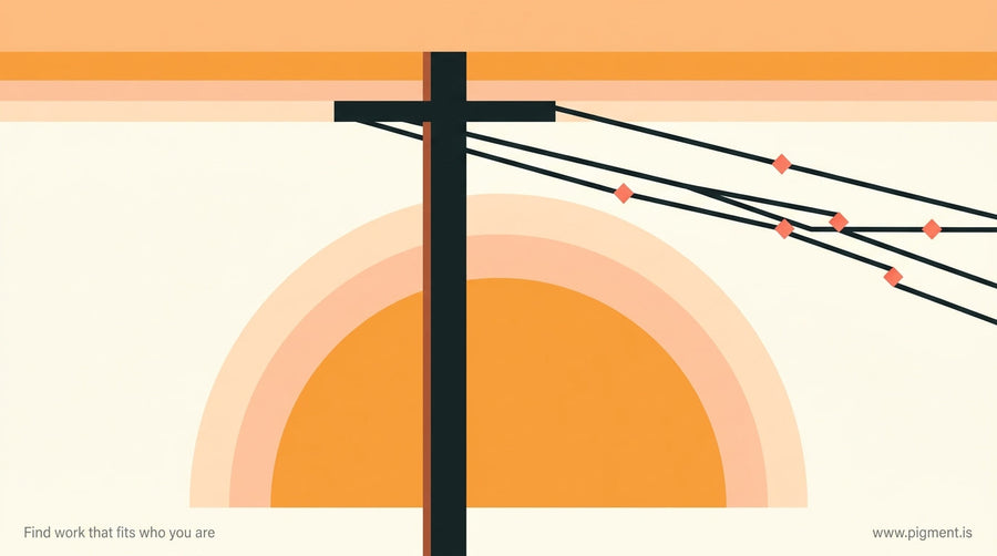 Abstract geometric hero image representing a lineman apprenticeship career: a bold vertical form ascending against a warm sun