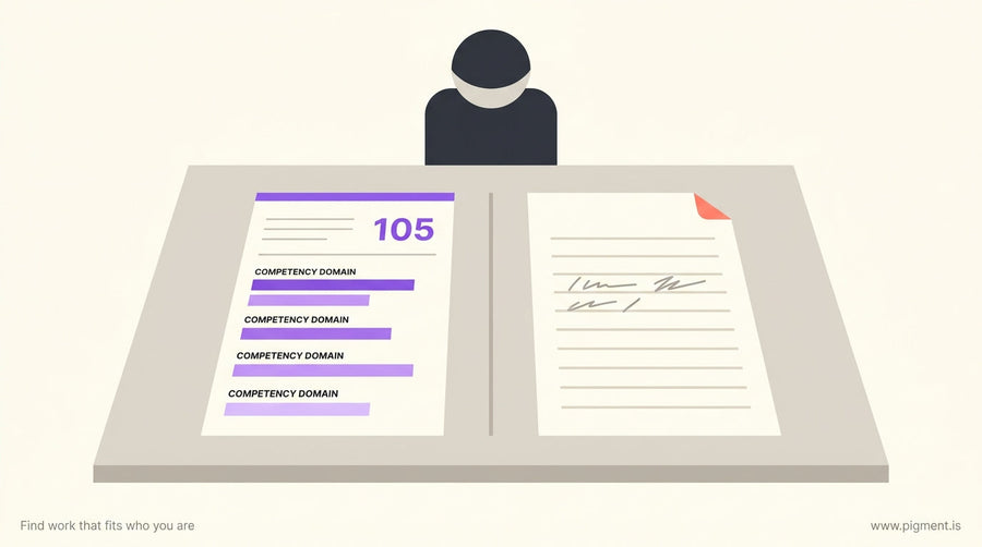 An accounting professional at a clean desk reviewing two documents side by side — a structured competency score report and a 
