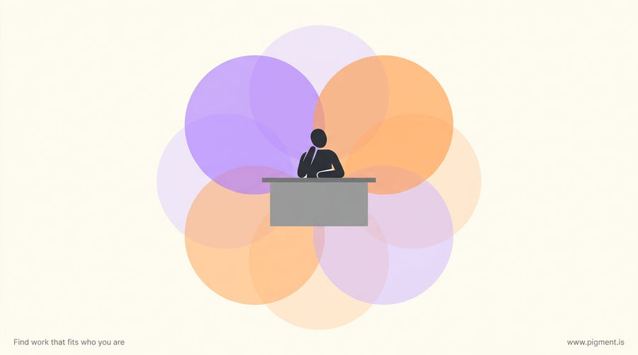 Abstract illustration of a person at a desk surrounded by overlapping translucent circles representing different career paths