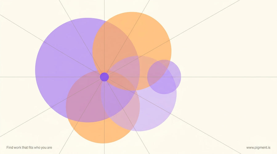 Abstract geometric composition of overlapping translucent compass and wheel shapes in violet and orange tones suggesting care